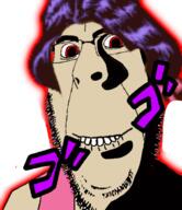 biting_lip blue_hair clothes creepy cursed devo ebony_devil glasses glowing jojos_bizarre_adventure menacing ominous red_eyes soyjak stubble subvariant:hornyson variant:cobson // 527x611 // 194.7KB