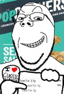 arm chips dreamworks food glasses grin hand heart holding_object i_love pointing popcorners smirk smug soyjak stubble subvariant:wholesome_soyjak text variant:gapejak // 775x1127 // 290.7KB