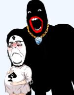 2soyjaks 3soyjaks acab bbc black_skin blush chains closed_mouth clothes deformed ear gem glasses gold gold_chain hood lips open_mouth pregnant queen_of_spades smile spade stubble subvariant:hornyson text variant:cobson variant:impish_soyak_ears // 1552x1989 // 666.6KB