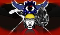 2soyjaks artist:crimsonvoidhydra1488 background beard blue_helmet drawing glasses hair hand helmet holding_object horn jartycuck jartypedo nate red_eyes red_shirt redraw subvariant:jartycuck subvariant:soyak_(concerned) variant:chudjak variant:soyak weapon white_outline yellow_hair // 960x564 // 370.9KB