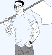 asset blue_shirt buff closed_mouth clothes flag glasses hair holding_flag holding_object holding_sword smile smug soyjak subvariant:muscular_chud2 sword template tshirt variant:chudjak vein watch // 1834x1913 // 88.1KB
