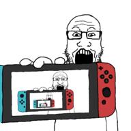 bald console glasses hand holding_object nintendo nintendo_switch open_mouth recursion soyjak stubble variant:markiplier_soyjak video_game // 2048x2048 // 266.6KB