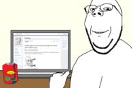can computer drawn_background glasses laptop no_eyebrows smile soyjak soyjak_wiki sproke stubble subvariant:wholesome_soyjak variant:gapejak wikipedia // 1300x868 // 174.5KB