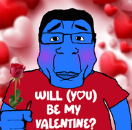 blue_skin blush calm chud clothes drawn_background hair heart holding_object lips rose rosy_cheeks subvariant:chudplier subvariant:hitler_lover subvariant:science_lover text tshirt valentine variant:chudjak variant:markiplier_soyjak // 800x789 // 285.4KB