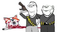 3soyjaks animal animal_abuse arm blood cat closed_mouth clothes ear firearm glasses gore gun hand holding_gun holding_object marsey open_mouth rdrama smile soy_parody soyjak stubble subvariant:wholesome_soyjak tongue variant:bernd variant:gapejak variant:impish_soyak_ears weapon yellow_teeth // 785x432 // 124.6KB