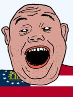 amerimutt black_sclera christianity clothes ear flag flag:georgia_(us_state) georgia_(us_state) god hair mcdonalds open_mouth red_shirt soyjak star_(symbol) state stubble teeth text transparent_background united_states variant:alicia // 418x555 // 23.2KB