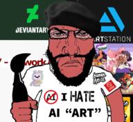 ai_generated angry anti_ai artstation balding beard beret closed_mouth clothes deviantart drawfag furry glasses hand i_hate ic_(4chan) newgrounds paintbrush pride_flag red_skin sailor_moon subvariant:science_lover text tumblr variant:markiplier_soyjak // 1017x935 // 661.0KB