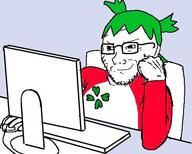 4chan anime arm chair clothes computer glasses green_hair hair hand screen smug soyjak stubble table variant:soyak yotsoyba // 452x363 // 132.8KB