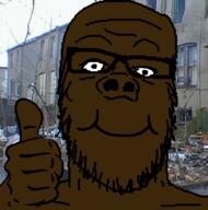 black_skin glasses hand irl_background smile soyjak stubble thumbs_up variant:a24_slowburn_soyjak // 567x574 // 228.7KB