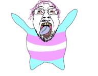 animated bloodshot_eyes dance flapping full_body glasses hair mustache open_mouth purple_hair soyjak stubble tongue tranny variant:bernd // 1695x1320 // 149.6KB