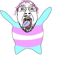 animated bloodshot_eyes dance flapping full_body glasses hair mustache open_mouth purple_hair soyjak stubble tongue tranny variant:bernd // 1695x1320 // 149.6KB