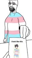 anime arm beard closed_mouth flag:transgender_pride_flag full_body glasses hair meta:not_oc paxiti purple_hair self_insert smile smug soyjak text tranny variant:bartender // 828x1480 // 721.3KB
