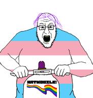 blart glasses lgbt open_mouth purple_hair riding scooter soyjak stubble tranny troon variant:blartjak // 876x921 // 75.3KB