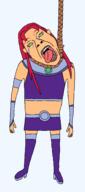ack bloodshot_eyes clothes crying dc_comics dead full_body gem green_eyes hanging open_mouth orange_skin pink_hair rope smile soyjak starfire stubble suicide teen_titans tongue tranny variant:bernd // 1197x2709 // 64.4KB