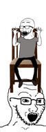 2soyjaks arm chair closed_eyes clothes full_body glasses hand hands_up hat leg open_mouth sitting soyjak stubble variant:excited_soyjak variant:soyak // 644x1841 // 357.7KB