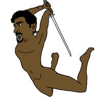 angry arm black_eyes brown_skin full_body glasses hair hand holding_object holding_sword india indian leg looking_to_the_right open_mouth pajeet pajeetjak soyjak stubble subvariant:pettygod sword t50_eyes variant:pajeetjak weapon // 541x557 // 97.1KB