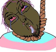 ack brown_skin brown_troonjak distorted flag flag:transgender_pride_flag glasses open_mouth purple_hair rope soyjak stubble tranny variant:bernd // 768x719 // 62.5KB