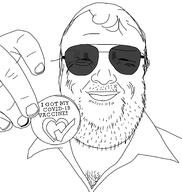 arm badge chest_hair closed_mouth clothes coronavirus_pandemic glasses hair hand holding_object phone smile soyjak stubble vaccine variant:unknown // 1298x1370 // 485.4KB