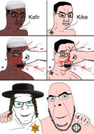 blood blue_eyes brown_skin closed_mouth clothes fist friendship glasses hair hat islam judaism nazism open_mouth punch teeth variant:chudjak variant:cobson variant:feraljak white_skin white_supremacist // 2417x3447 // 881.7KB