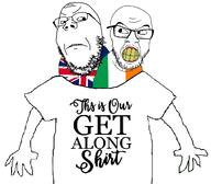 angry arm clenched_teeth clothes flag:ireland flag:united_kingdom get_along_shirt glasses looking_at_each_other stubble tshirt two_soyjaks variant:feraljak variant:gapejak yellow_teeth // 1180x1032 // 304.2KB