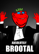absolute_cinema absolutely_brootal artist:wageslaves_in_timbuktu broot_(user) brootal clothes glasses hand hands_up leaf legs_crossed meme red_skin series:brootmoji smile suit tuxedo variant:impish_soyak_ears // 1771x2479 // 415.5KB