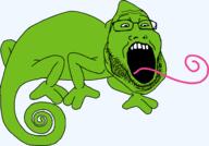 animal chameleon full_body glasses green_skin open_mouth reptile series:animaljaks soyjak stubble tail tongue variant:markiplier_soyjak2 // 1882x1312 // 41.1KB
