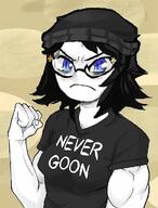 angry arm beanie blue_eyes buff clothes glasses hair hand meta:ai_generated never_goon text variant:soytan // 779x1024 // 872.5KB