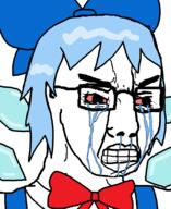 anime bloodshot_eyes blue_hair bowtie cirno clenched_teeth clothes crying glasses hair hair_ribbon lips soyjak touhou variant:chudjak video_game wing // 670x820 // 33.7KB