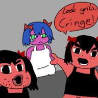 angry blue_hair bury_ebil_gril bury_pink_gril closed_mouth clothes crying frown green_eyes hair hair_ribbon open_mouth pink_skin pointing red_skin s4s_(4chan) soy_parody speech_bubble stubble text variant:two_pointing_soyjaks // 540x540 // 217.2KB