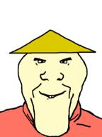 asian china closed_mouth clothes hat red_shirt small_eyes smile subvariant:bjongjak variant:markiplier_soyjak white_background yellow_skin // 600x800 // 6.0KB