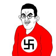 angry big_ears big_lips chud disabled glasses hair nazism red_shirt swastika teeth variant:chudjak white_background white_skin // 1378x1378 // 182.9KB