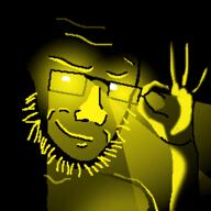 adjusting_glasses black_background dark five_nights_at_cobson's glasses glowing_eyes hand smug stubble variant:soyak white_pupils yellow // 256x256 // 27.8KB