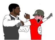 arm bloodshot_eyes clothes combat_helmet crying fantasy glasses glove hand hat helmet military nazism negro open_mouth schutzstaffel soyjak stretched_mouth swastika tshirt variant:soyak // 999x728 // 288.1KB