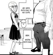 angry anime arm belt bulge buttoned_shirt chino_kafuu closed_mouth clothes comic concerned doujinshi fat frown full_body glasses gochiusa hand imminent_rape kafuu_chino leg manga mary_janes_(shoes) necktie penis sex skirt sock soyjak stubble table text textbox variant:soyak vest wife window // 723x746 // 344.5KB