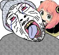 anime anya_forger bloodshot_eyes clothes crying female glasses hanging hat mustache old open_mouth purple_hair soyjak spy_x_family stubble tongue variant:bernd wrinkles // 768x719 // 326.1KB