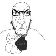 angry closed_mouth coal glasses hand holding_coal holding_object punisher_face redraw soyjak text variant:markiplier_soyjak // 1378x1378 // 99.7KB