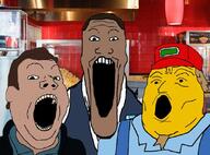 3soyjaks baneposting batman_(series) beard black_skin brown_hair cap cia_(the_dark_knight_rises) clothes dc_comics ear hair hat open_mouth skin sneed soyjak stretched_mouth the_dark_knight_rises the_simpsons trend:soyjak_trio tv_(4chan) variant:gapejak variant:markiplier_soyjak variant:tony_soprano_soyjak yellow yellow_hair yellow_skin // 828x614 // 73.4KB