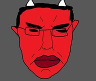 angry black_sclera closed_mouth demon ear glasses horn no_pupils red_skin satanism soyjak subvariant:chudjak_front variant:chudjak // 1575x1328 // 135.5KB