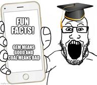 glasses graduate_cap hand holding_phone imgflip.com open_mouth phone soyjak stubble subvariant:phoneplier subvariant:phoneplier_vertical teeth variant:markiplier_soyjak // 573x500 // 57.5KB