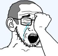 arm balding closed_eyes crying ear eyelashes glasses hair hand lips open_mouth soyjak stubble variant:soyak // 782x758 // 119.0KB