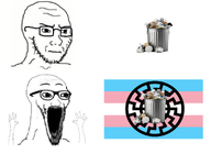 2soyjaks angry artist:conservativewaluigi beard closed_mouth excited flag:transgender_pride_flag garbage glasses open_mouth sonnenrad soyjak subvariant:soyak_(irritated) subvariant:wewjak transgender_flag trash trash_can variant:soyak // 1233x900 // 370.4KB