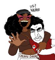 black_skin brown_shirt interracial nazi_arm_band oh_my_god_she_is_so_attractive open_mouth red_shirt subvariant:soyniqua variant:chudjak variant:soytan wholesome_100 // 391x429 // 23.5KB