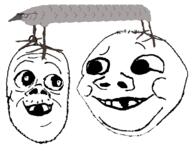 2_soyjaks are_you_soying_what_im_soying baby closed_mouth deformed looking_at_each_other mustache object_on_head open_mouth smile subvariant:jacobson subvariant:nathaniel variant:a24_slowburn_soyjak variant:gapejak variant:soycreature // 750x600 // 75.5KB