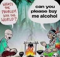 alcohol clothes fire full_body glasses headdress indian native_american open_mouth pot sitting skull soyjak speech_bubble stubble text variant:soyak watch // 1080x1025 // 163.9KB