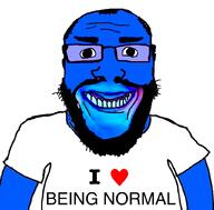 arm beard blue_skin calm clothes glasses hair heart normal soyjak subvariant:science_lover teeth text variant:markiplier_soyjak white_shirt // 1024x1010 // 172.1KB