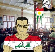 bloodshot_eyes cafe clothes countrywar crying flag:iraq flag:kurdistan glasses hair hanging iraq kurdistan mustache nazism open_mouth politics rope soyjak subvariant:chudjak_front subvariant:muscular_chud suicide swastika tongue variant:chudjak yellow_teeth // 1459x1373 // 1.8MB