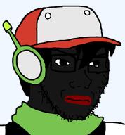 aout_(user) beard black_eyes black_glasses black_sclera black_shirt black_skin blackface cave_story closed_mouth clothes eyebrows eyeglasses eyes glasses green_scarf hair hat mouth nose open_eyes quote quote_(cave_story) quote_(user) red_hat red_lips skin stubble transparent_background variant:soyak video_game // 800x865 // 58.2KB
