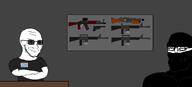 ak-47 arm assault_rifle balaclava black_clothing black_shirt closed_mouth clothes crossed_arms glasses glock gun gun_shop m16 pistol rifle shotgun smile smug soybooru_arms soyjak squinting stubble subvariant:perceptive_chud subvariant:soyak_(smug) table tag variant:chudjak variant:soyak warrior-z_(user) // 2145x974 // 40.3KB