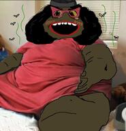 blush brown_eyes brown_skin bug clothes fat flies hat irl_background obese shitskin stink_lines stinky subvariant:soyniqua trend:slopjak variant:soytan yellow_sclera // 611x635 // 352.3KB