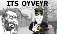 adolf_hitler angry auschwitz belt black_and_white closed_mouth clothes crying glasses hand happy_merchant hat holding_object irl_background its_over jewish_star judaism nas:happy_jewish nas:merchant nazism oy_vey pun punisher_face soyjak stubble text totenkopf variant:markiplier_soyjak // 1092x660 // 677.4KB